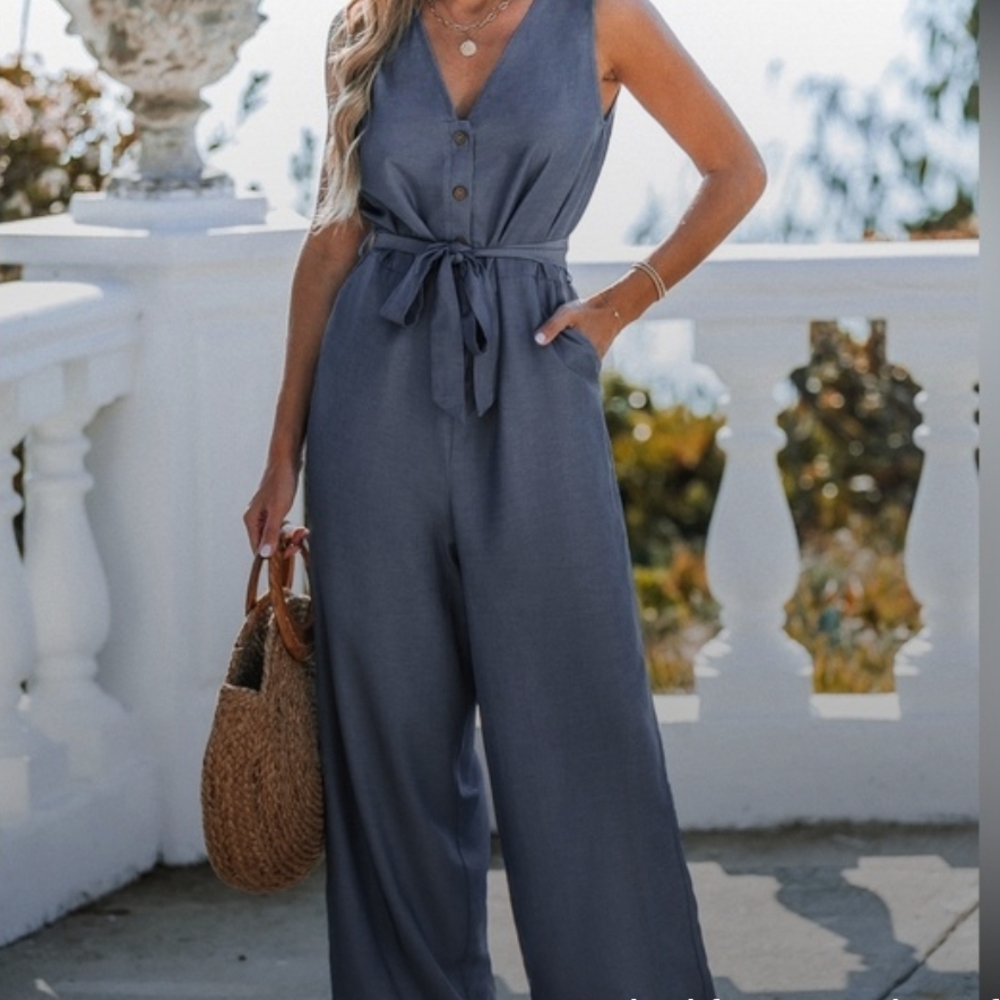 Cupshe Slate Blue Sleeveless Tie-Waist Wide-Leg Jumpsuit NWT